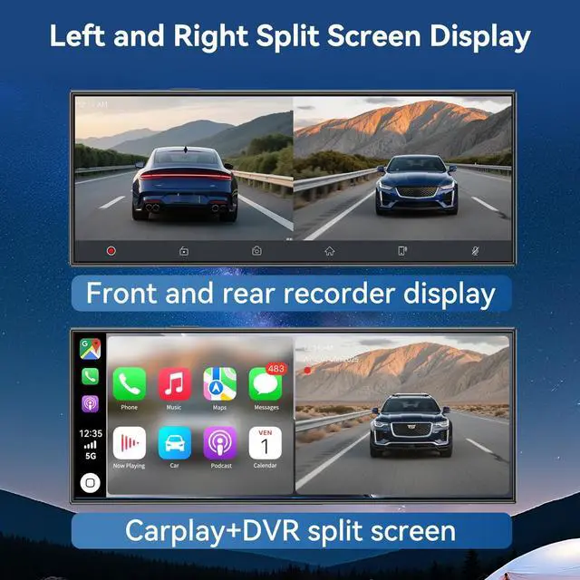 Alt view image 6 of 7 - Carplay Screen for Car, 11.5" Wireless Carplay Screen with 4K Dash Cam, 1080P Rear Camera, Portable Car Stereo with A-pple CarPlay & Android Auto Screen, MirrorLink/TF Card/Siri/Bluetooth/AUX/FM/GPS