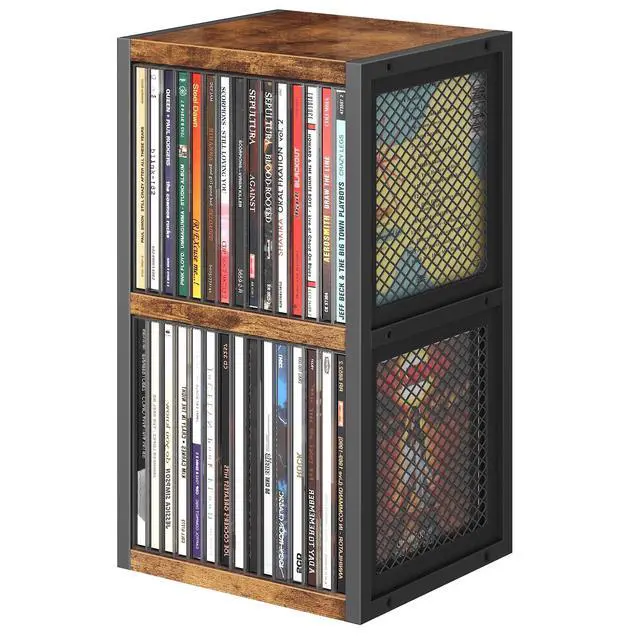 Main image of CD Holder Desk Rack Organizer, Wooden CD Storage Stand Holds up to 30 Cd Cases, 2 Tier CD Tower with Mesh Sides, Retro Small CD Display Shelf for Theatre Room, Home Collectibles, Rustic Brown