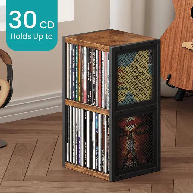 Alt view image 2 of 7 - CD Holder Desk Rack Organizer, Wooden CD Storage Stand Holds up to 30 Cd Cases, 2 Tier CD Tower with Mesh Sides, Retro Small CD Display Shelf for Theatre Room, Home Collectibles, Rustic Brown