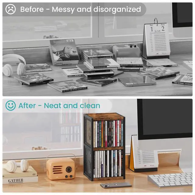 Alt view image 5 of 7 - CD Holder Desk Rack Organizer, Wooden CD Storage Stand Holds up to 30 Cd Cases, 2 Tier CD Tower with Mesh Sides, Retro Small CD Display Shelf for Theatre Room, Home Collectibles, Rustic Brown