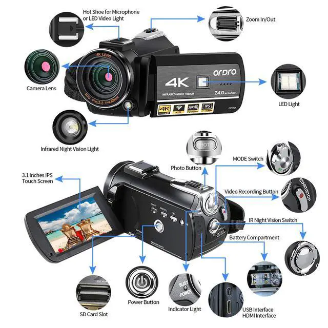 Alt view image 2 of 7 - 4K Camcorder Night Vision Video Camera Vlog Ghost Hunting Camera Camcorder for YouTube 3.1 IPS Touch Screen Camcorder with IR Light Handheld Holder 64G Memory Card and 2 Batteries