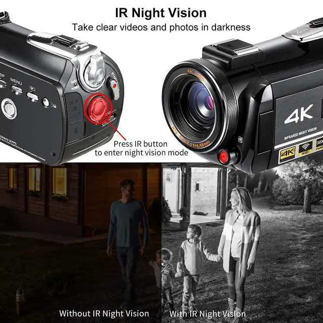 Alt view image 3 of 7 - 4K Camcorder Night Vision Video Camera Vlog Ghost Hunting Camera Camcorder for YouTube 3.1 IPS Touch Screen Camcorder with IR Light Handheld Holder 64G Memory Card and 2 Batteries