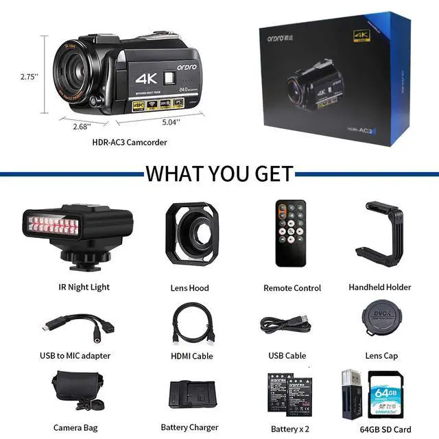 Alt view image 5 of 7 - 4K Camcorder Night Vision Video Camera Vlog Ghost Hunting Camera Camcorder for YouTube 3.1 IPS Touch Screen Camcorder with IR Light Handheld Holder 64G Memory Card and 2 Batteries