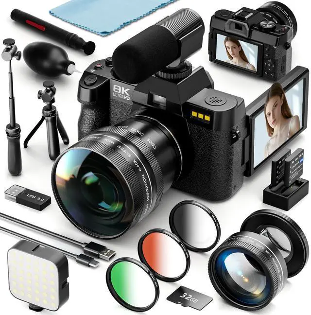 Main image of 8K 64MP Digital Cameras for Photography,16X Zoom,3 Color Filters | 180°Flip Screen2 Batteries, 32GB TF Card,WiFi,Microphone, Tripod, Wide & Macro Lens Kit,Vlogging and Travel,Beginners