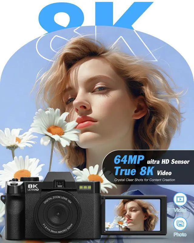 Alt view image 2 of 7 - 8K 64MP Digital Cameras for Photography,16X Zoom,3 Color Filters | 180°Flip Screen2 Batteries, 32GB TF Card,WiFi,Microphone, Tripod, Wide & Macro Lens Kit,Vlogging and Travel,Beginners