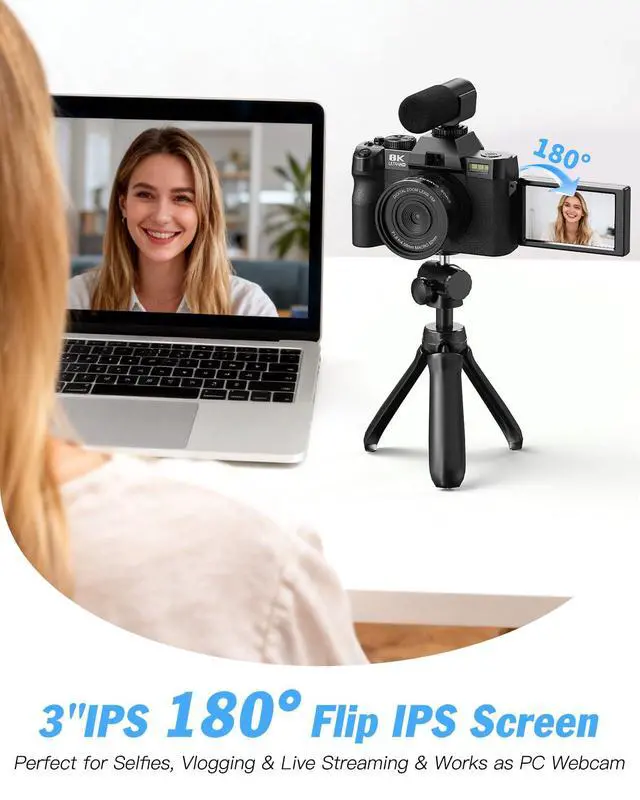 Alt view image 7 of 7 - 8K 64MP Digital Cameras for Photography,16X Zoom,3 Color Filters | 180°Flip Screen2 Batteries, 32GB TF Card,WiFi,Microphone, Tripod, Wide & Macro Lens Kit,Vlogging and Travel,Beginners