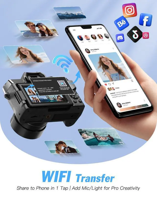 Alt view image 5 of 7 - 8K 64MP Digital Cameras for Photography,16X Zoom,3 Color Filters | 180°Flip Screen2 Batteries, 32GB TF Card,WiFi,Microphone, Tripod, Wide & Macro Lens Kit,Vlogging and Travel,Beginners