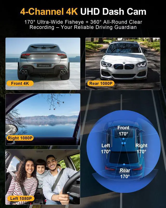 Alt view image 2 of 7 - 4 Channel 4K Dash Cam - 360° Panoramic Front Rear Inside Camera, STARVIS 2 Night Vision, 5.8GHz WiFi, 170° Wide Lens, 24hr Parking Monitor, GSensor, Included 64GB SD Card for Private Drivers