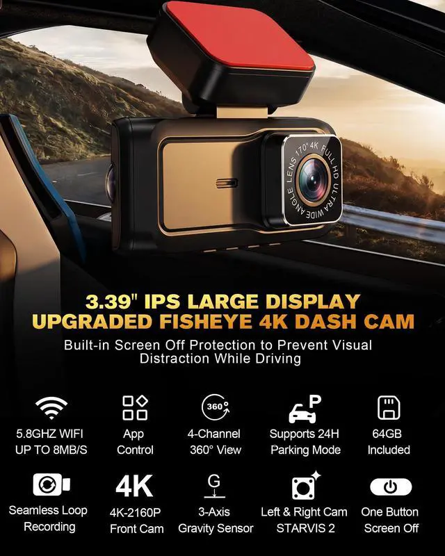 Alt view image 3 of 7 - 4 Channel 4K Dash Cam - 360° Panoramic Front Rear Inside Camera, STARVIS 2 Night Vision, 5.8GHz WiFi, 170° Wide Lens, 24hr Parking Monitor, GSensor, Included 64GB SD Card for Private Drivers