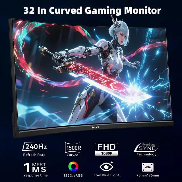 Alt view image 2 of 7 - 32 Inch Curved 1k 240Hz Gaming Monitor High Refresh Rate, FHD 1080P Gaming PC Monitor HDMI DP1.4, Curved 1500R, HDR,Metal Stand,VESA Compatible
