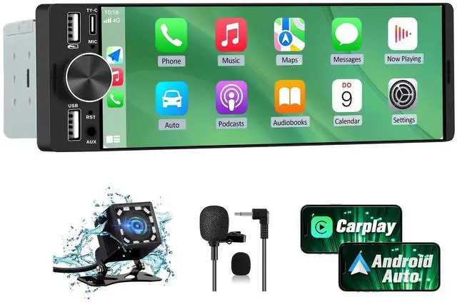 Main image of 6.36" Single Din Car Stereo with Wireless CarPlay & Android Auto, IPS Touchscreen Head Unit with Backup Camera/External Microphone, Car Radio Supports Bluetooth/SWC/FM/Double USB/Type-C