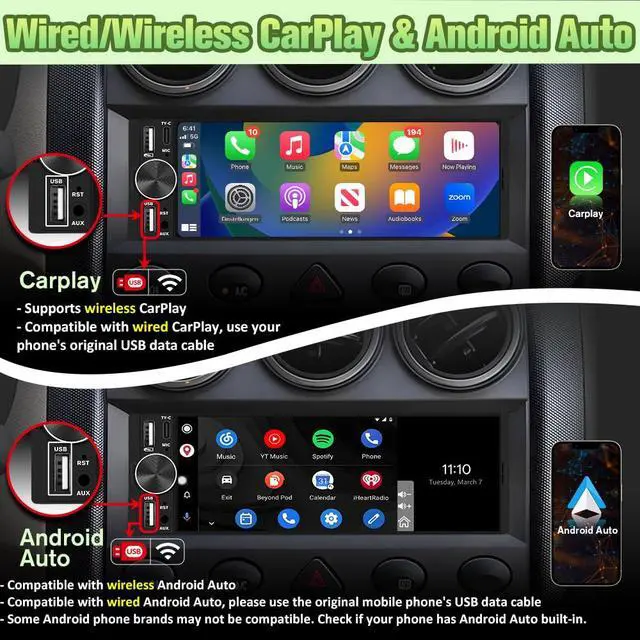 Alt view image 4 of 7 - 6.36" Single Din Car Stereo with Wireless CarPlay & Android Auto, IPS Touchscreen Head Unit with Backup Camera/External Microphone, Car Radio Supports Bluetooth/SWC/FM/Double USB/Type-C