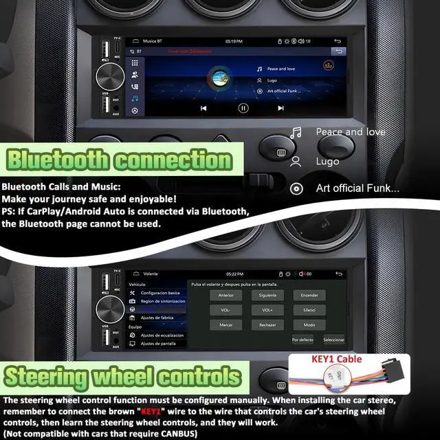Alt view image 5 of 7 - 6.36" Single Din Car Stereo with Wireless CarPlay & Android Auto, IPS Touchscreen Head Unit with Backup Camera/External Microphone, Car Radio Supports Bluetooth/SWC/FM/Double USB/Type-C