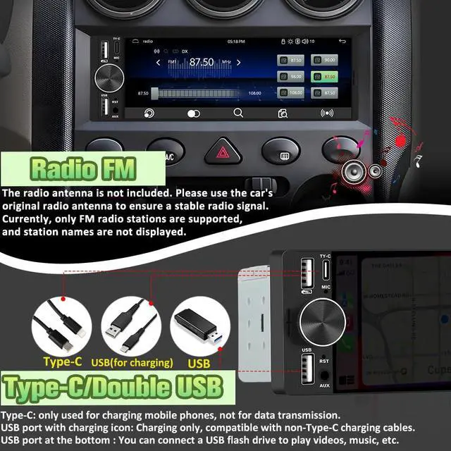 Alt view image 7 of 7 - 6.36" Single Din Car Stereo with Wireless CarPlay & Android Auto, IPS Touchscreen Head Unit with Backup Camera/External Microphone, Car Radio Supports Bluetooth/SWC/FM/Double USB/Type-C