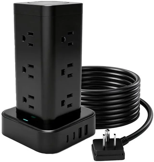 Main image of 16-in-1 Power Strip Tower with Surge Protector 1800J, 2USB-C & 2USB-A Ports with 12 AC Outlets, 10ft Extension Cord with Multiple outlets for Home Office Dorm Room, Black