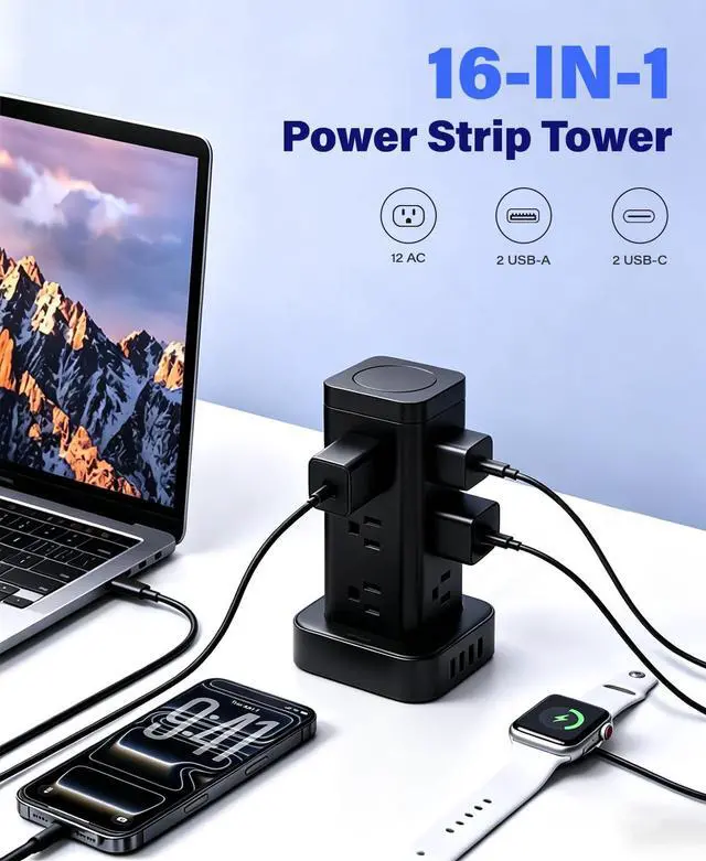 Alt view image 2 of 7 - 16-in-1 Power Strip Tower with Surge Protector 1800J, 2USB-C & 2USB-A Ports with 12 AC Outlets, 10ft Extension Cord with Multiple outlets for Home Office Dorm Room, Black