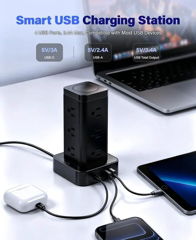 Alt view image 3 of 7 - 16-in-1 Power Strip Tower with Surge Protector 1800J, 2USB-C & 2USB-A Ports with 12 AC Outlets, 10ft Extension Cord with Multiple outlets for Home Office Dorm Room, Black