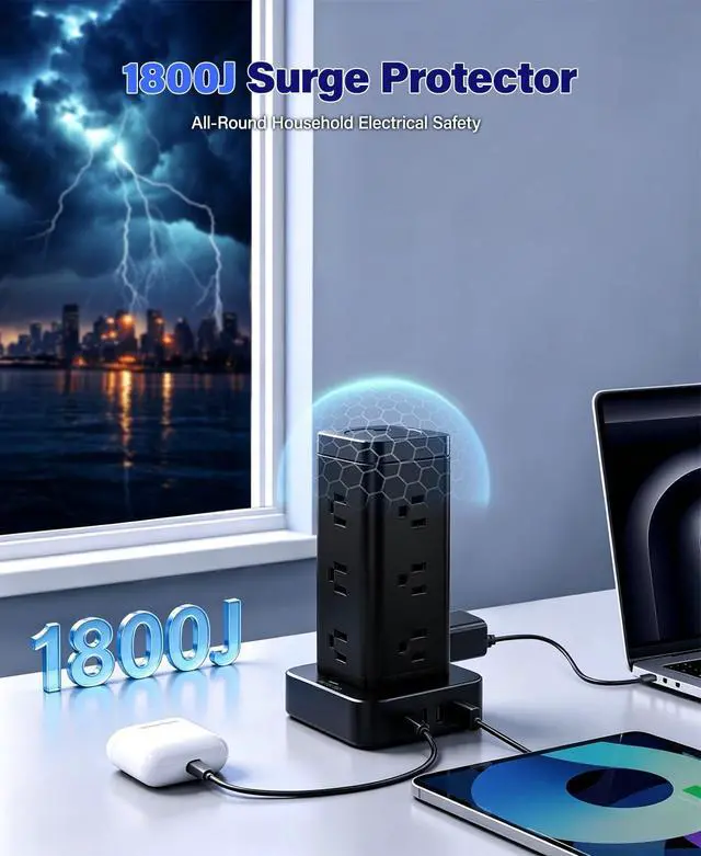 Alt view image 4 of 7 - 16-in-1 Power Strip Tower with Surge Protector 1800J, 2USB-C & 2USB-A Ports with 12 AC Outlets, 10ft Extension Cord with Multiple outlets for Home Office Dorm Room, Black