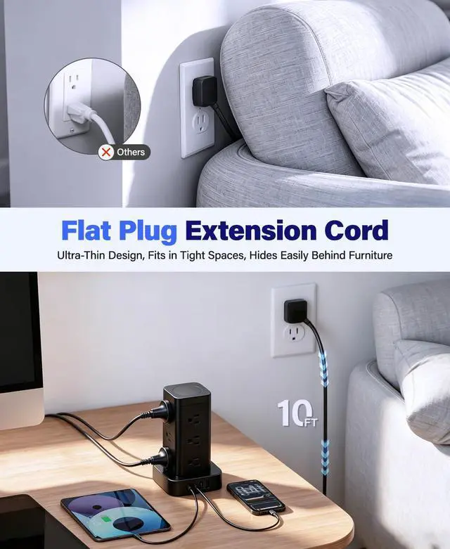 Alt view image 6 of 7 - 16-in-1 Power Strip Tower with Surge Protector 1800J, 2USB-C & 2USB-A Ports with 12 AC Outlets, 10ft Extension Cord with Multiple outlets for Home Office Dorm Room, Black