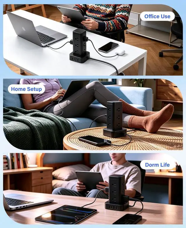 Alt view image 7 of 7 - 16-in-1 Power Strip Tower with Surge Protector 1800J, 2USB-C & 2USB-A Ports with 12 AC Outlets, 10ft Extension Cord with Multiple outlets for Home Office Dorm Room, Black