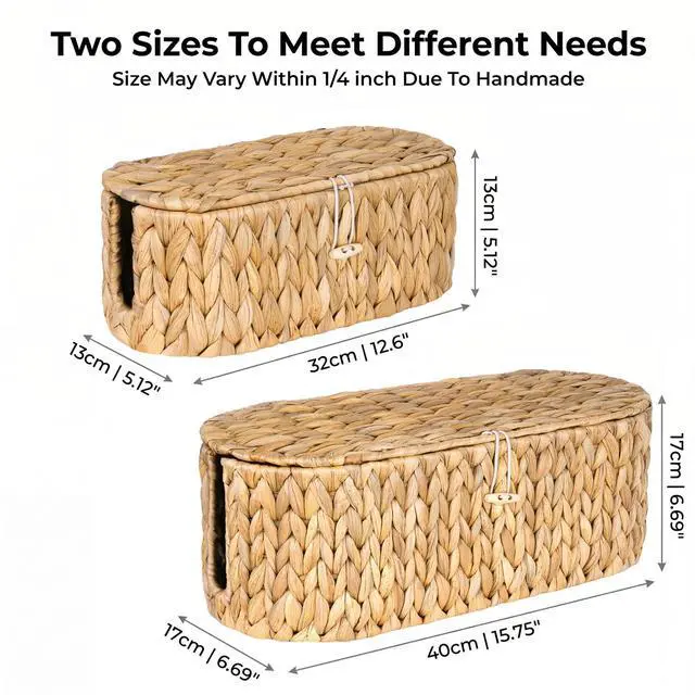 Alt view image 2 of 7 - Set of 2 Cable Management Box, Handwoven Cord Hider Box with 3 Open Slots | Cable Organizer Box with Lockable Lid, Cord Storage Box to Hide Power Strip, Router, USB Hub, TV Wires for Home, Office
