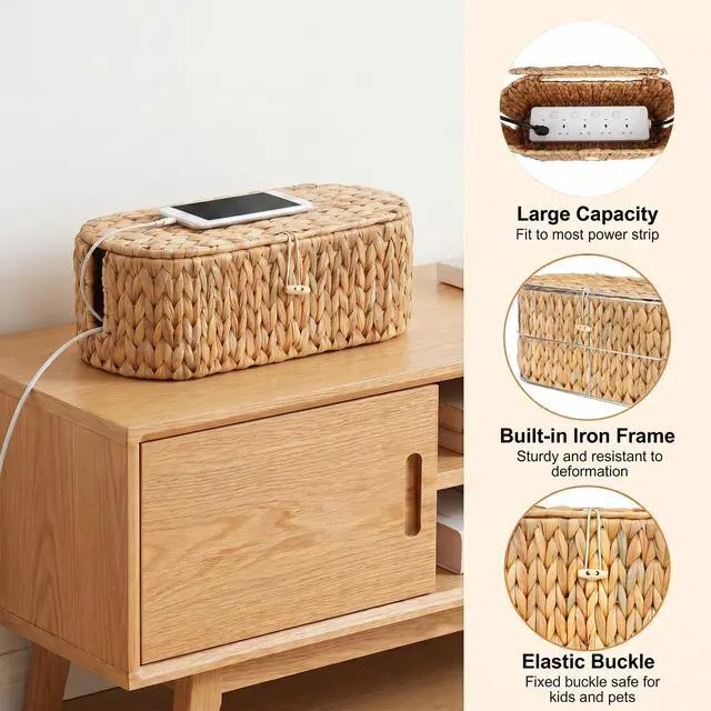 Alt view image 3 of 7 - Set of 2 Cable Management Box, Handwoven Cord Hider Box with 3 Open Slots | Cable Organizer Box with Lockable Lid, Cord Storage Box to Hide Power Strip, Router, USB Hub, TV Wires for Home, Office