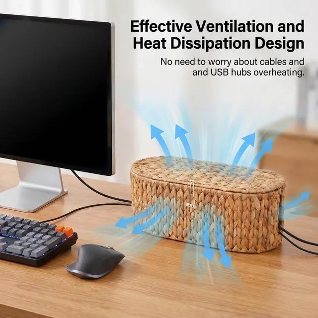 Alt view image 4 of 7 - Set of 2 Cable Management Box, Handwoven Cord Hider Box with 3 Open Slots | Cable Organizer Box with Lockable Lid, Cord Storage Box to Hide Power Strip, Router, USB Hub, TV Wires for Home, Office