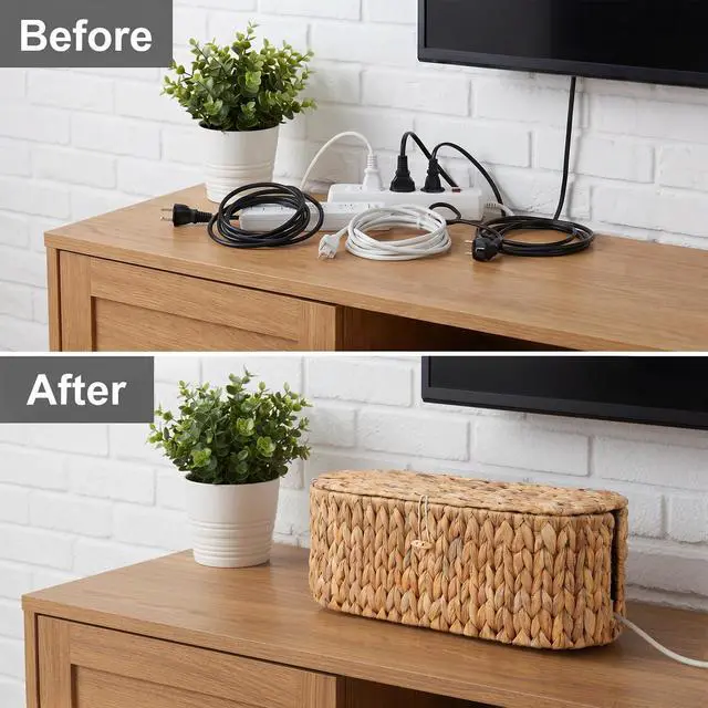 Alt view image 5 of 7 - Set of 2 Cable Management Box, Handwoven Cord Hider Box with 3 Open Slots | Cable Organizer Box with Lockable Lid, Cord Storage Box to Hide Power Strip, Router, USB Hub, TV Wires for Home, Office