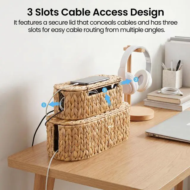 Alt view image 6 of 7 - Set of 2 Cable Management Box, Handwoven Cord Hider Box with 3 Open Slots | Cable Organizer Box with Lockable Lid, Cord Storage Box to Hide Power Strip, Router, USB Hub, TV Wires for Home, Office