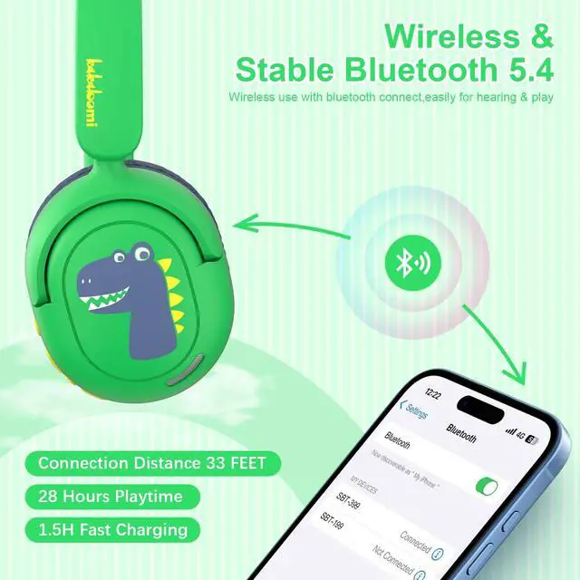 Alt view image 2 of 7 - Bluetooth Kids Headphones, Wireless Headphones for Kid with Mic, 75/85/94dB Volume Limited, Includes 3.5mm Aux Cord, Foldable Dinosaur Teens Headset for School, Home, Travel, Tablet