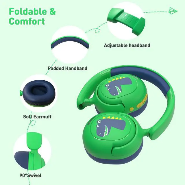 Alt view image 3 of 7 - Bluetooth Kids Headphones, Wireless Headphones for Kid with Mic, 75/85/94dB Volume Limited, Includes 3.5mm Aux Cord, Foldable Dinosaur Teens Headset for School, Home, Travel, Tablet
