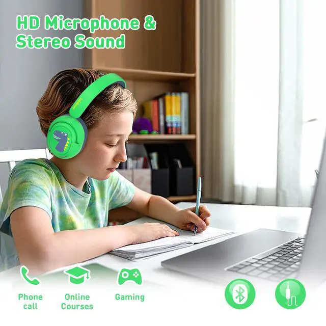 Alt view image 5 of 7 - Bluetooth Kids Headphones, Wireless Headphones for Kid with Mic, 75/85/94dB Volume Limited, Includes 3.5mm Aux Cord, Foldable Dinosaur Teens Headset for School, Home, Travel, Tablet
