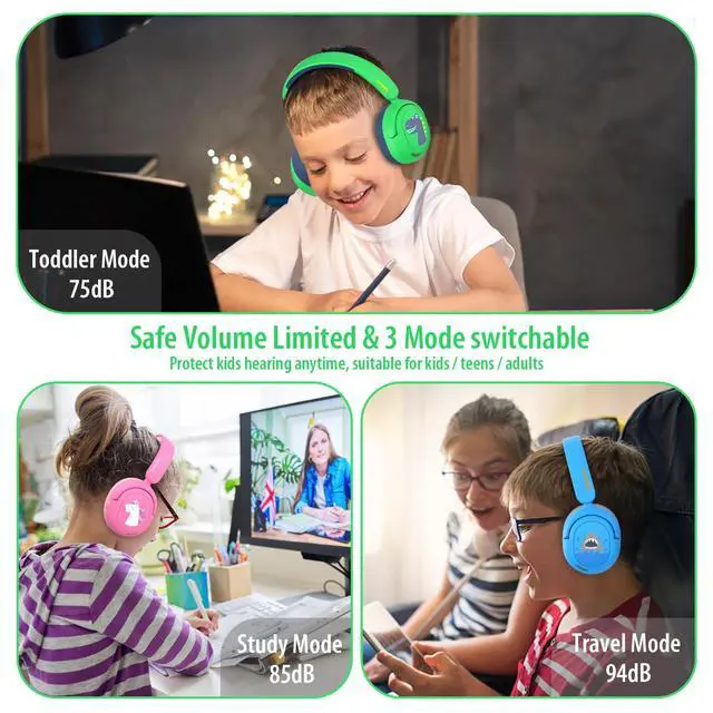 Alt view image 4 of 7 - Bluetooth Kids Headphones, Wireless Headphones for Kid with Mic, 75/85/94dB Volume Limited, Includes 3.5mm Aux Cord, Foldable Dinosaur Teens Headset for School, Home, Travel, Tablet