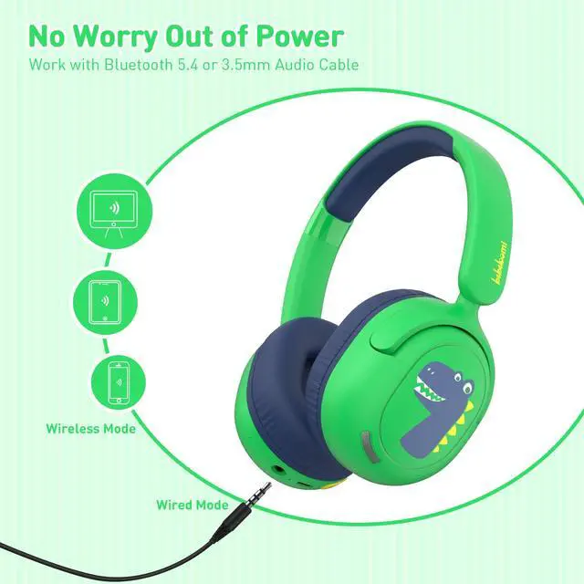 Alt view image 6 of 7 - Bluetooth Kids Headphones, Wireless Headphones for Kid with Mic, 75/85/94dB Volume Limited, Includes 3.5mm Aux Cord, Foldable Dinosaur Teens Headset for School, Home, Travel, Tablet