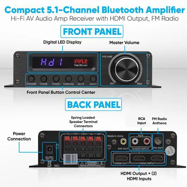Alt view image 3 of 7 - Wireless Bluetooth Home Audio Amplifier - 100W 5.1 Channel Home Theater Receiver, Surround Sound w/ HI Def In and Out, RCA In, Subwoofer Out, LED Control Center, 12V Adapter - PFA560BT