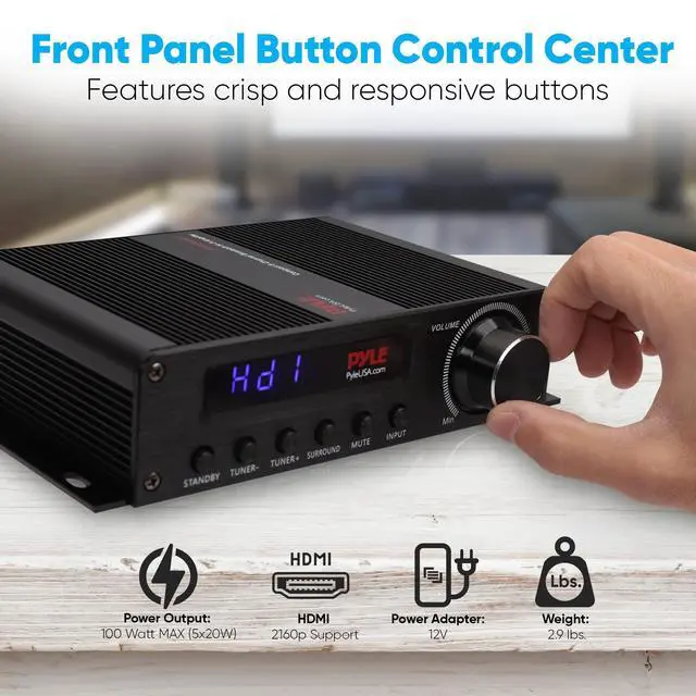 Alt view image 6 of 7 - Wireless Bluetooth Home Audio Amplifier - 100W 5.1 Channel Home Theater Receiver, Surround Sound w/ HI Def In and Out, RCA In, Subwoofer Out, LED Control Center, 12V Adapter - PFA560BT