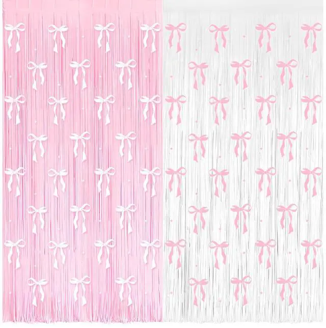 Main image of 4 Pack Pink Bow Party Backdrop Decoration Pink Bow | Foil Fringe Curtains for Girls Bow Birthday Baby Shower Decorations Bridal Shower Bachelorette Party Decor Supplies 3.2ft X