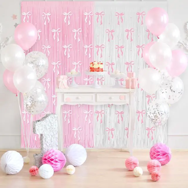 Alt view image 2 of 6 - 4 Pack Pink Bow Party Backdrop Decoration Pink Bow | Foil Fringe Curtains for Girls Bow Birthday Baby Shower Decorations Bridal Shower Bachelorette Party Decor Supplies 3.2ft X