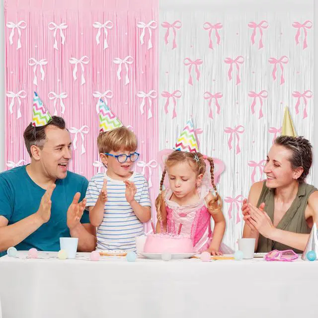 Alt view image 3 of 6 - 4 Pack Pink Bow Party Backdrop Decoration Pink Bow | Foil Fringe Curtains for Girls Bow Birthday Baby Shower Decorations Bridal Shower Bachelorette Party Decor Supplies 3.2ft X
