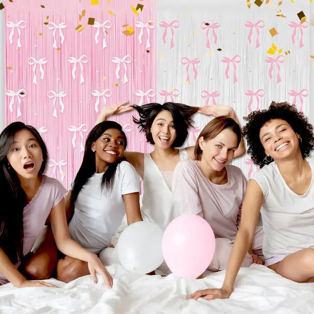 Alt view image 4 of 6 - 4 Pack Pink Bow Party Backdrop Decoration Pink Bow | Foil Fringe Curtains for Girls Bow Birthday Baby Shower Decorations Bridal Shower Bachelorette Party Decor Supplies 3.2ft X