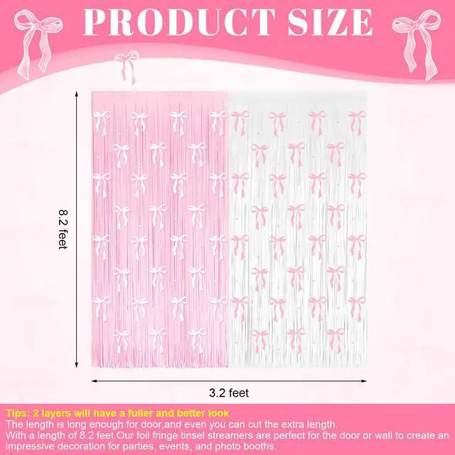 Alt view image 5 of 6 - 4 Pack Pink Bow Party Backdrop Decoration Pink Bow | Foil Fringe Curtains for Girls Bow Birthday Baby Shower Decorations Bridal Shower Bachelorette Party Decor Supplies 3.2ft X