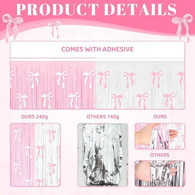Alt view image 6 of 6 - 4 Pack Pink Bow Party Backdrop Decoration Pink Bow | Foil Fringe Curtains for Girls Bow Birthday Baby Shower Decorations Bridal Shower Bachelorette Party Decor Supplies 3.2ft X