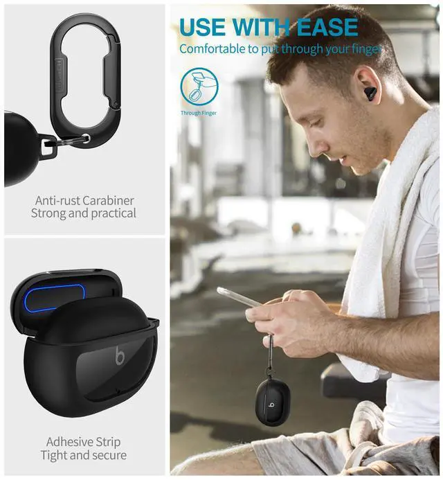 Alt view image 6 of 6 - Protective Case for Beats Studio Buds 2021, Studio Buds+ Plus 2023 Case Cover with Carabiner Keychain, Skin-Friendly TPU Shockproof Protector for Earbuds Charging Case Accessories, Black