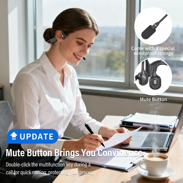 Alt view image 3 of 7 - Bone Conduction Headphones with Mic, Bluetooth Headset with Microphone Noise Canceling & Mute, Wireless Headset with Sponge Microphone Windscreen, Open Ear Headphones for Work Driving Call