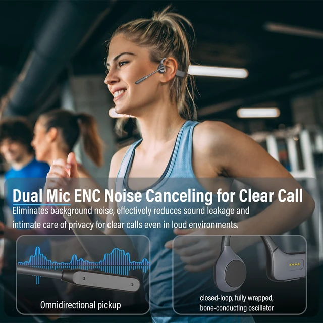 Alt view image 4 of 7 - Bone Conduction Headphones with Mic, Bluetooth Headset with Microphone Noise Canceling & Mute, Wireless Headset with Sponge Microphone Windscreen, Open Ear Headphones for Work Driving Call