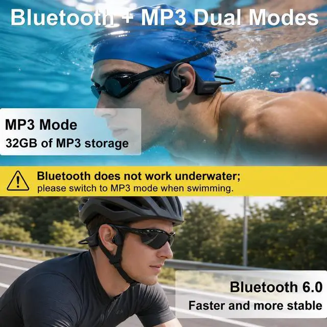 Alt view image 3 of 5 - Swimming Headphones Underwater, Bone Conduction Swimming Headphones IPX8 Waterproof Open Ear Headphones with 32GB Built-in MP3, Bluetooth 6.0 Dual Mode, Dual Device Pairing, Magnetic Charging(Black