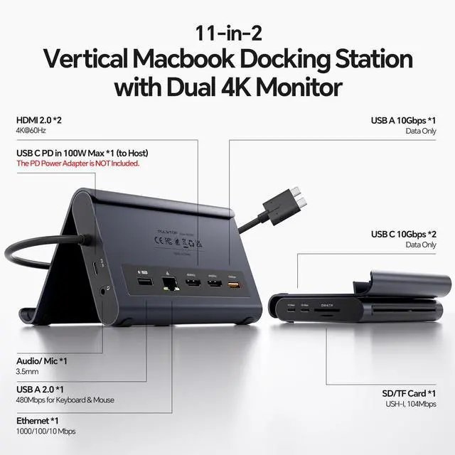 Alt view image 2 of 7 - MacBook Docking Station Dual Monitor 4K@60Hz, PD100W, Audio for Home Office | Vertical Laptop Stand with 2 HDMI, 10Gbps USB-C/A, Ethernet, SD/TF, USB C Dock for MacBook Pro/Air M4/M5 Midnight