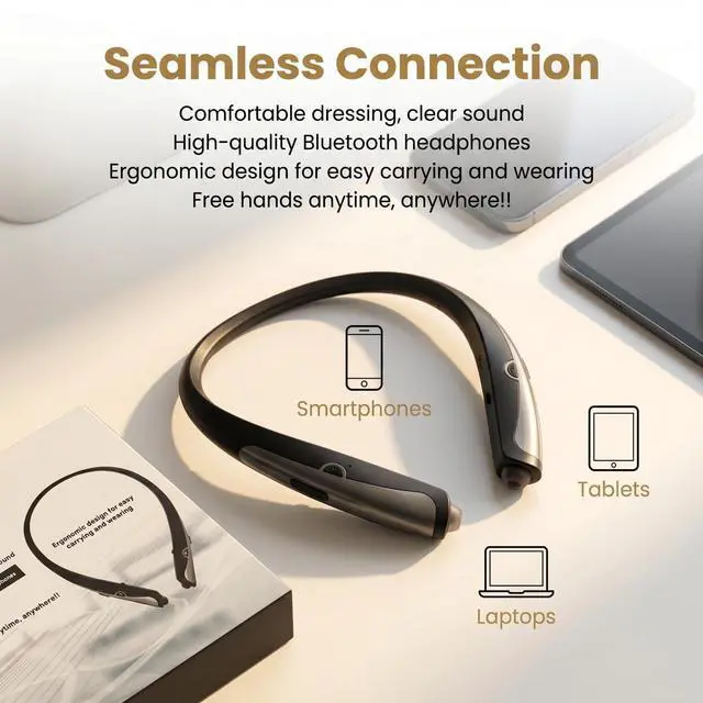 Alt view image 6 of 7 - New Upgraded Bluetooth 5.3 Neckband Bluetooth Headphones with Gift Box, Sweat Resistant Noise Cancelling Stereo Earphones, Retractable Ear Tips for Music, Conference, Videos, Gift (Black)