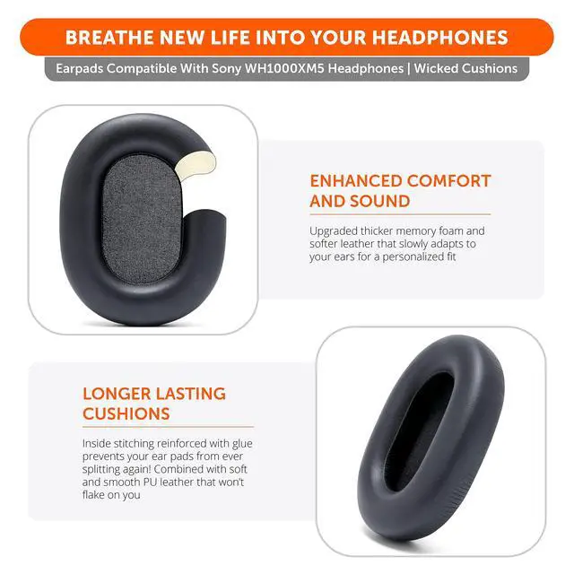 Alt view image 4 of 6 - PadZ XM5 Thick Earpads by Wicked Cushions for Sony WH-1000XM5 Headphones, Soft PU Leather, Extra Thick, Noise-Isolating Memory Foam | Black