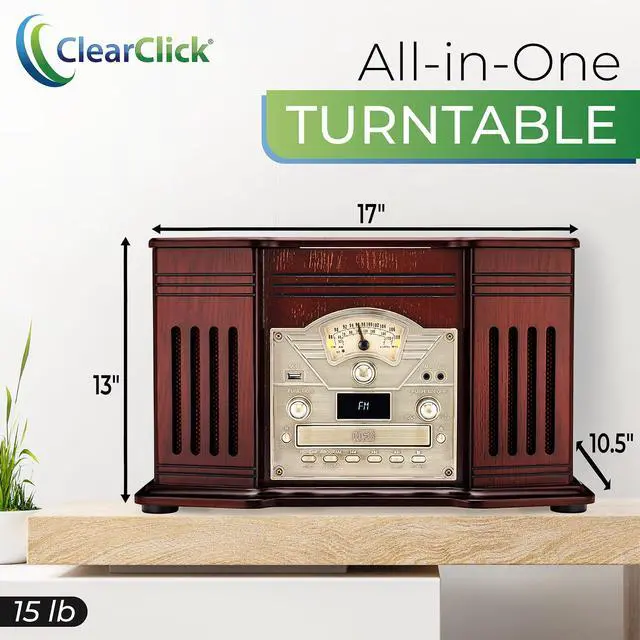 Alt view image 2 of 5 - All-in-One Turntable with 3-Speed Record Player, Bluetooth, CD, Cassette Tape, AM/FM Radio, Aux, USB, Built-in Speakers, Handmade Wooden Exterior